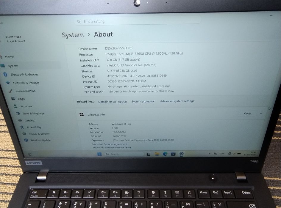 Лаптоп Lenovo T490 I5-8365U 32GB 256GB SSD NVME FHD Windows 11 PRO