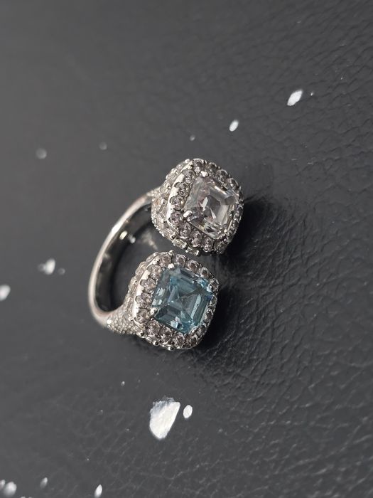 Inel Argint 925 cu Pietre Zirconiu - Design "Toi et Moi" (Bleu & Alb)