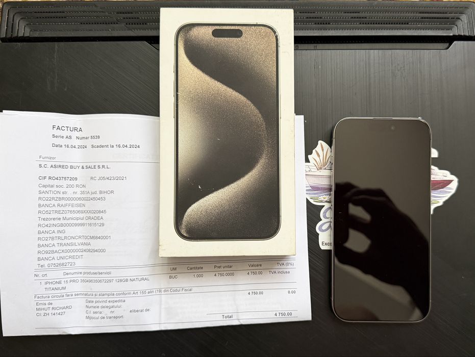 Iphone 15 PRO 128 GB Natural Titanium , Factura Achizitie