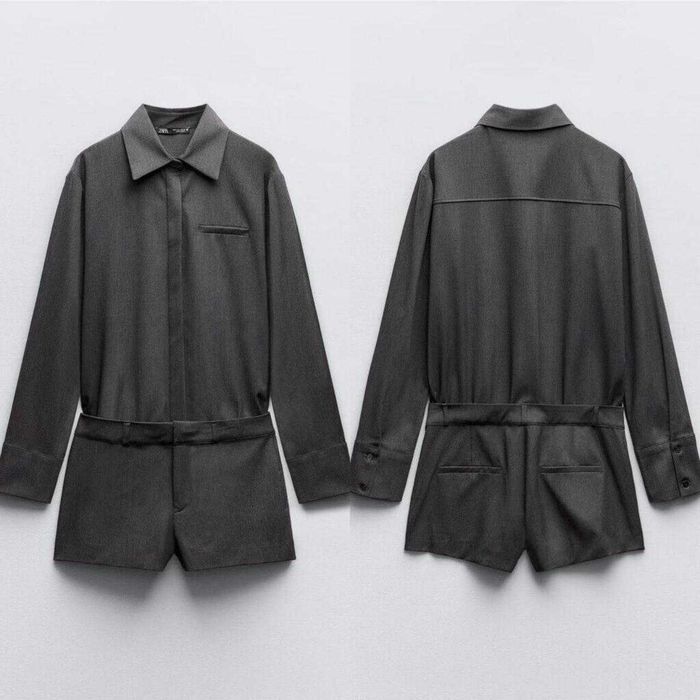 Zara дамски елегантен гащеризон с риза и къси панталони, дълъг ръкав, яка, джоб на гърдите, колан на талията, тъмносив, размер XL