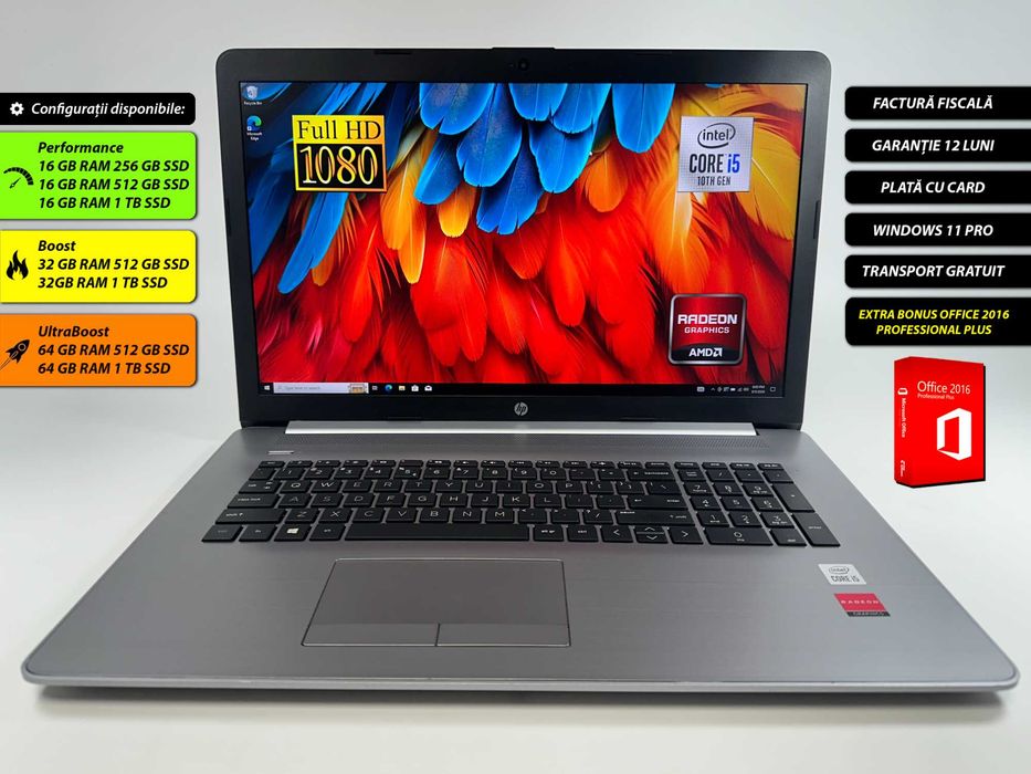 Laptop HP Probook 470 G7 i5-1020u 8 gb ram ddr4 128 gb ssd Radeon Series Ecran Mare 17 inch Full HD Office 2016 Windows 11 Factura si Garantie 1 an