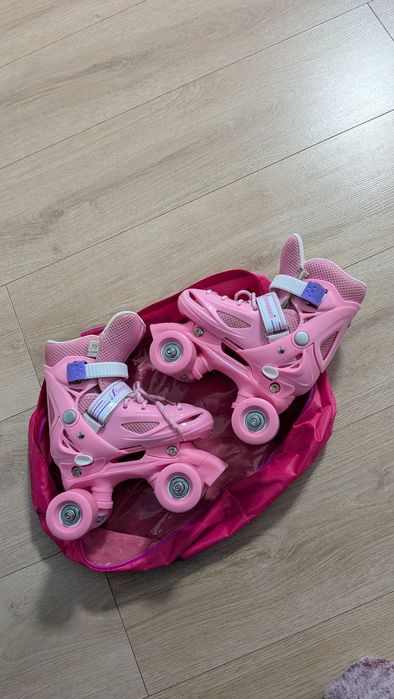 Role reglabile cu 4 roți, pentru fete, PowerQ, Roz, XS 27-30