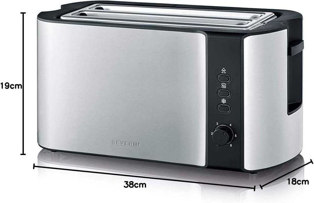 Автоматичен тостер Severin, 2 дълги отделения, побира до 4 филийки хляб, 1400 W, AT 2590, неръждаема стомана/черен