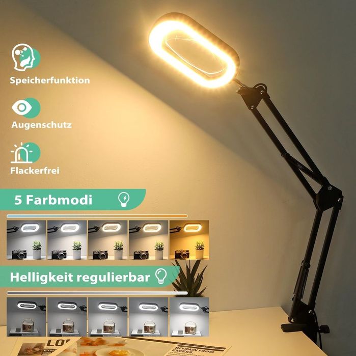 Lampa cu lupă 10x cu prindere pe birou, 5 moduri iluminare