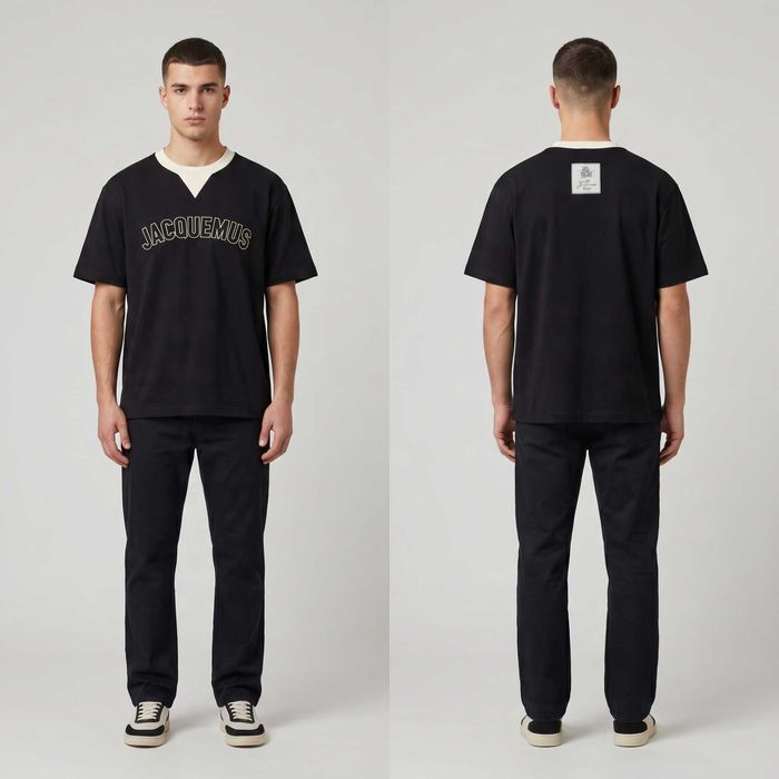 Jacquemus мъжка тениска — черна с кремава якичка, бродирано лого, овърсайз