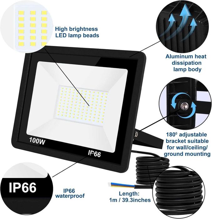 100W LED прожектор за външна употреба (6500K) – водоустойчив (IP66)