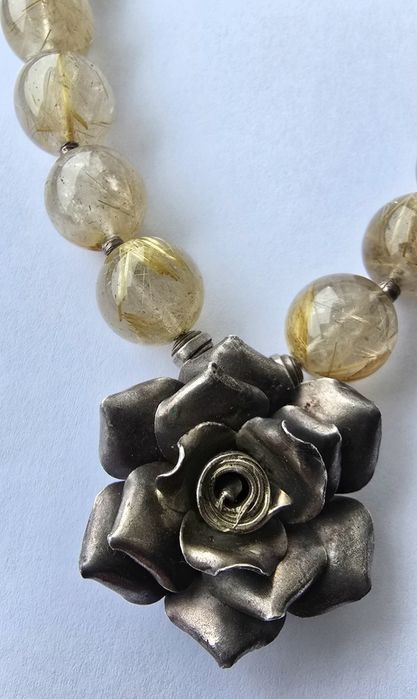 Colier statement din cuart rutilat natural , 26 bile mari 13–14 mm