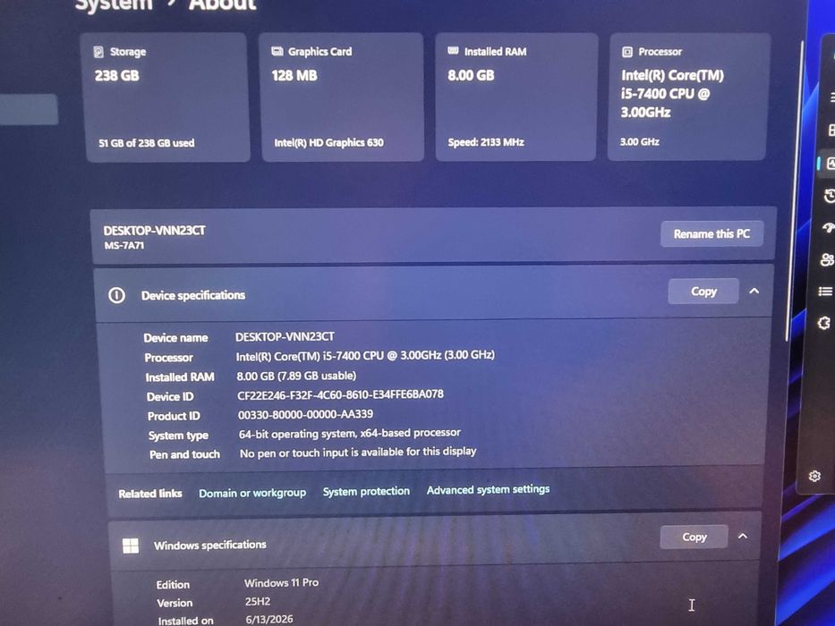 PC unitate calculator i5 7400 3.0ghz, 8gb ddr4, ssd nvme 250gb, wifi 6 pci-e card