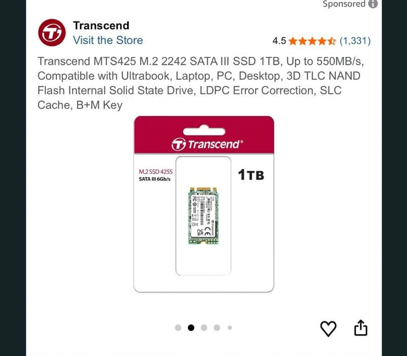 Transcend MTS425 M.2 2242 SATA III SSD 1TB