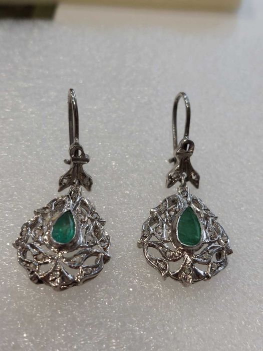 Стари дамски златни обеци с изумруд и диаманти;злато, златен ,златна