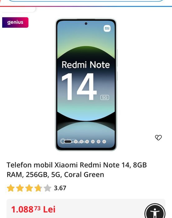 Xiaomi Redmi Note 14, 8GB RAM, 256GB, 5G, Coral Green sigilat