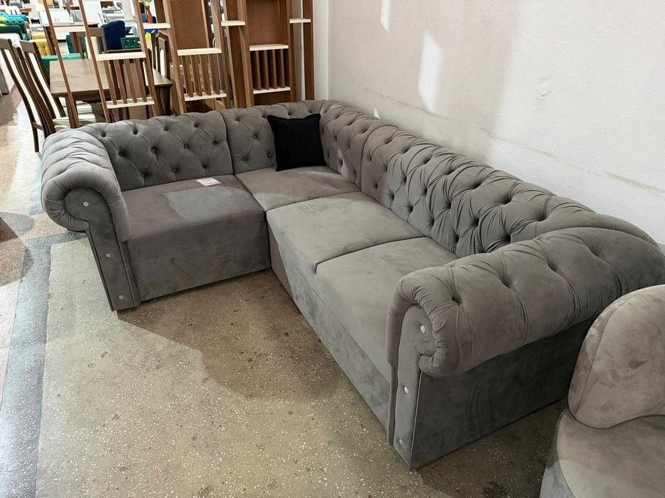 Colțar Chesterfield Elegant, Gri Antracit – Butoni Capitonați – Nou