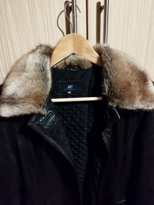 Черно кожено яке-палто подплатено от естествена лицева кожа