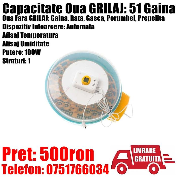 Incubator Clocitoare 51 Oua Gaina Intoarcere Automata LivratGRATUIT