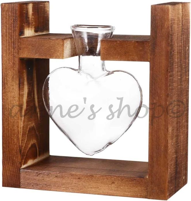 Vaza inima din sticla cu suport de lemn pentru flori Art Deco