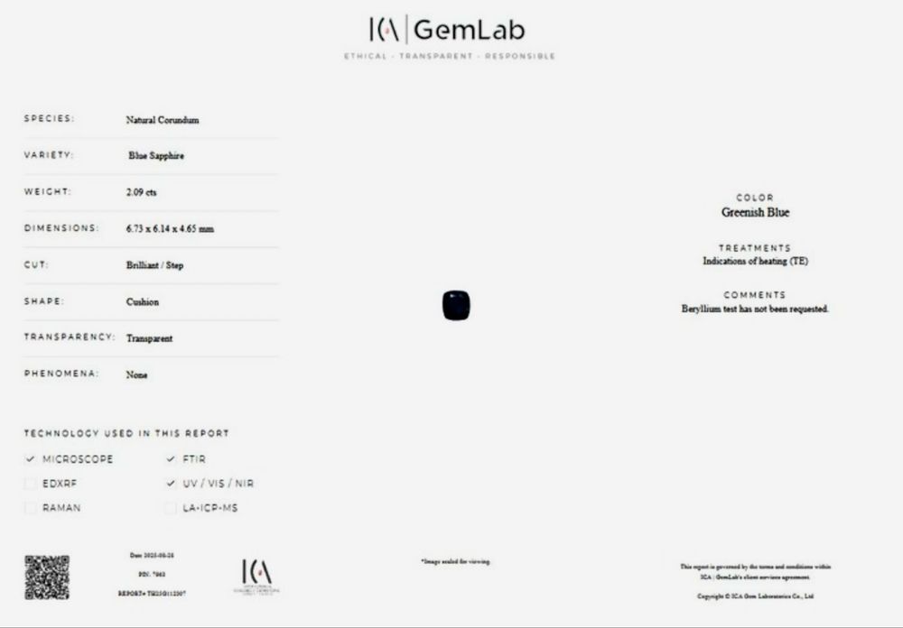 Safir albastru verde, 2,09 ct, certificat ICA GemLab