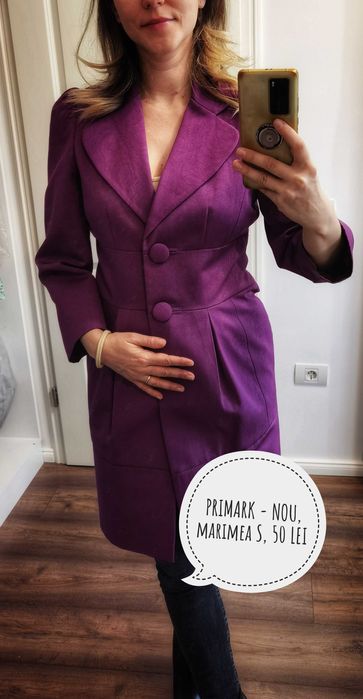 Primark, palton primavara/toamna cu umeri bufanti, nou, marimea S, mov