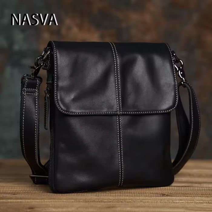 Мъжка луксозна кожена чанта с кръстна инкрустация/Черна -10% Промоция!