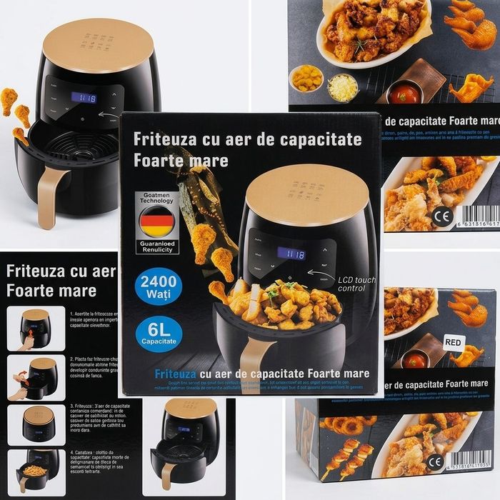 Нов Голям Еър Фрайър 6L / 2400W – Фритеза с горещ въздух (Червен / Зелен)