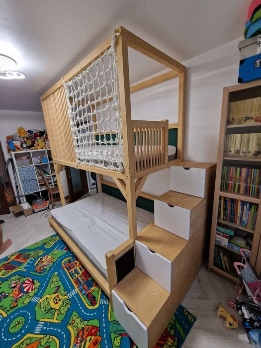 Pat casuta Montessori, pat tapitat, pat copii, pat etajat