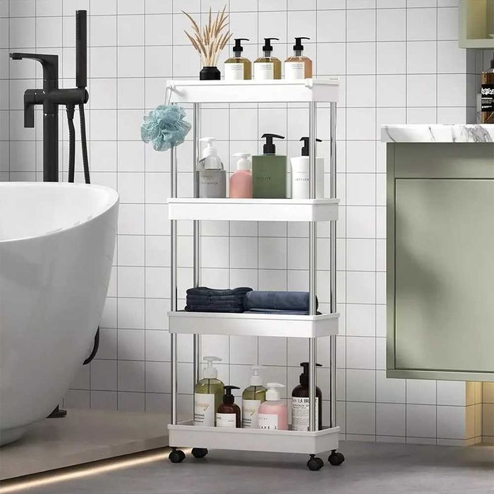 Etajera slim pentru baie si bucatarie cu 4 rafturi cu roti alb