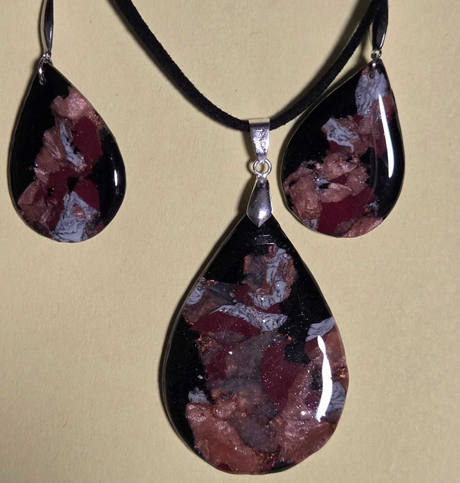 Set pandantiv + cercei handmade — turcoaz/visiniu cu inserții argintii