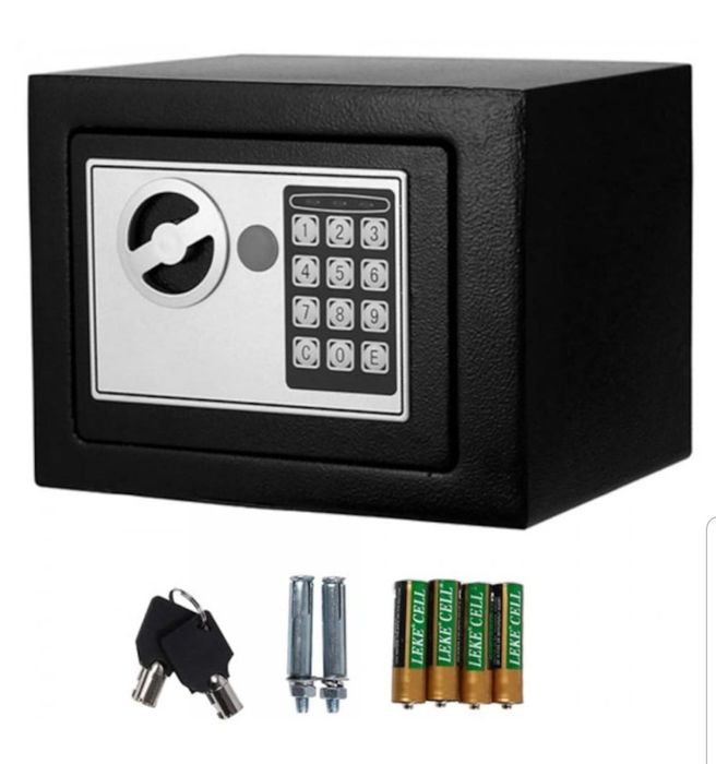 Seif metalic cu inchidere digitala si cheie 17 x 23 x 17 cm Negru