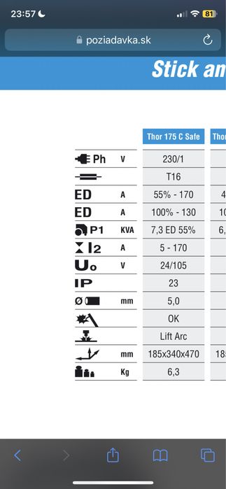 Aparat sudura MMA TIG 170A (55%) ESSETI Thor 175c SAFE
