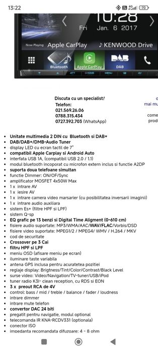 Player auto 2 din Kenwood DMX 7017DABS Bluetooth usb android Apple car