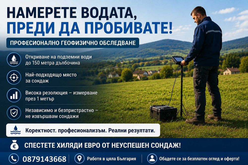 Професионално обследване за подземни води в ЦЯЛА БЪЛГАРИЯ - Георадар, вода, подпочвени води, водоизточник, хидрогеология, кладенец, без сондаж, сонда