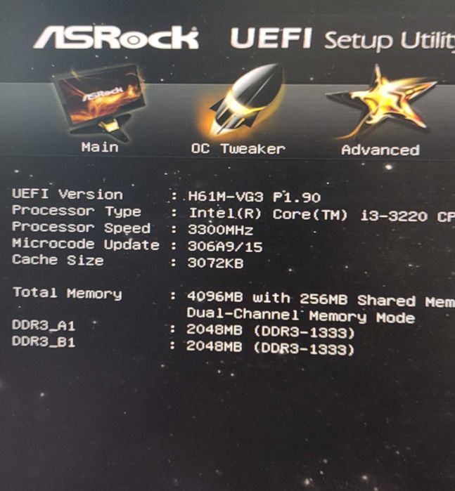 AsRock H61M-VG3\i3-3.3Ghz\DDR3-2x2-4Gb 1333Mhz
