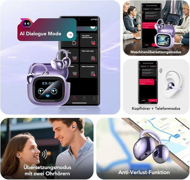 Преводач с Изкуствен Интелект BNARQP NE32 Open Ear с Тъч Дисплей ...