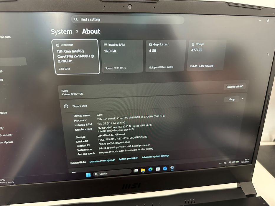 Vand Laptop MSI Katana GF66 11UD, 15-11400H, RTX 3050Ti 16GB RAM