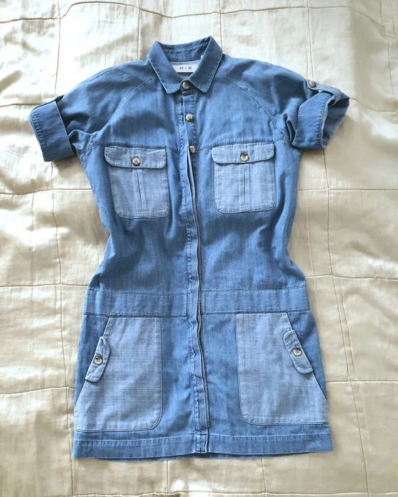 MIH Jeans rochie cămașă denim damă 100% bumbac XS S safari utility albastră nouă salopeta femei
