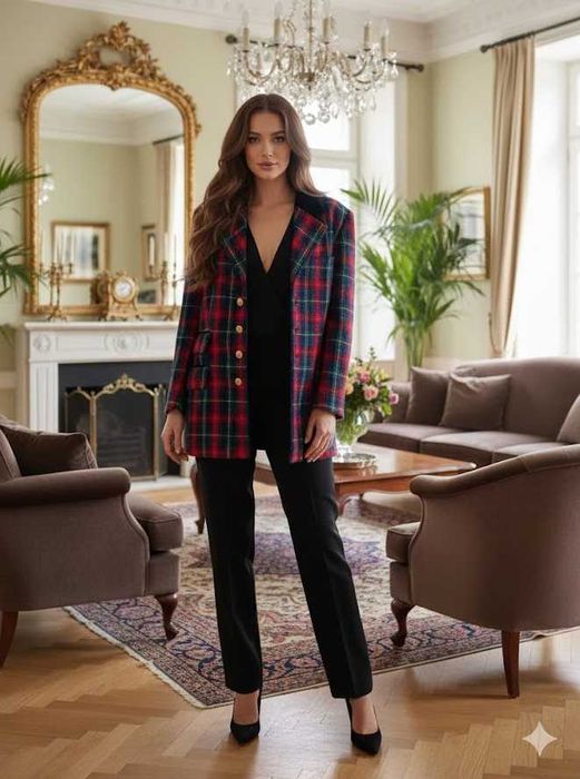 Sacou, lana boucle 87%, model tartan, marimea L-XL