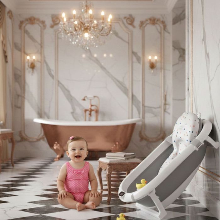 Сгъваема бебешка вана с термометър и възглавница.