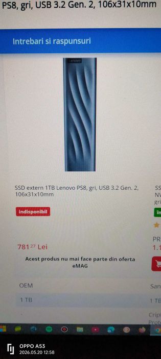 SSD extern Lenovo PS8, 1TB, nou, în cutie sigilată.