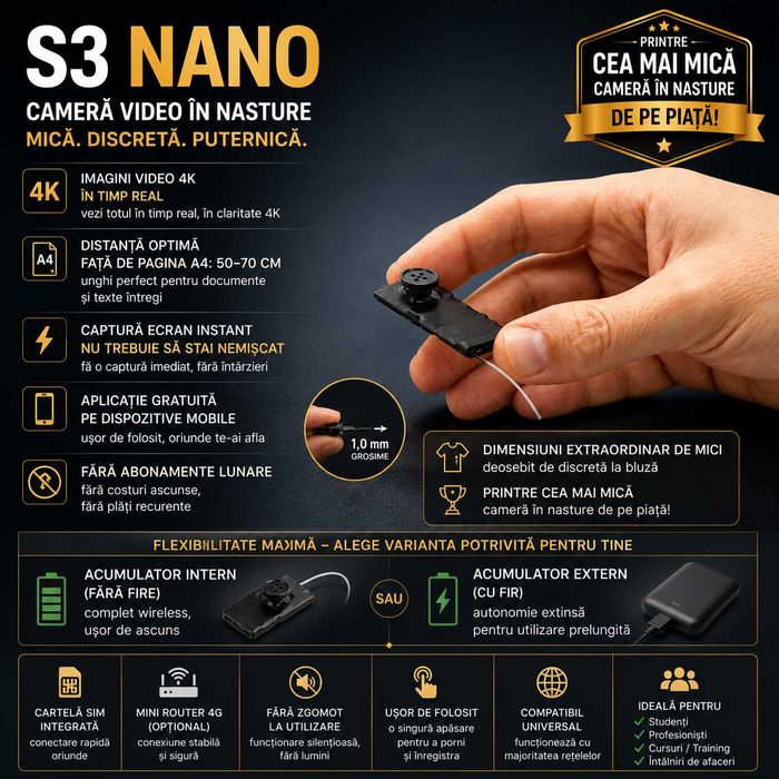 Mini Camera Video in Nasture Nou 2026 - iCheat S3 Nano - Casca de copiat