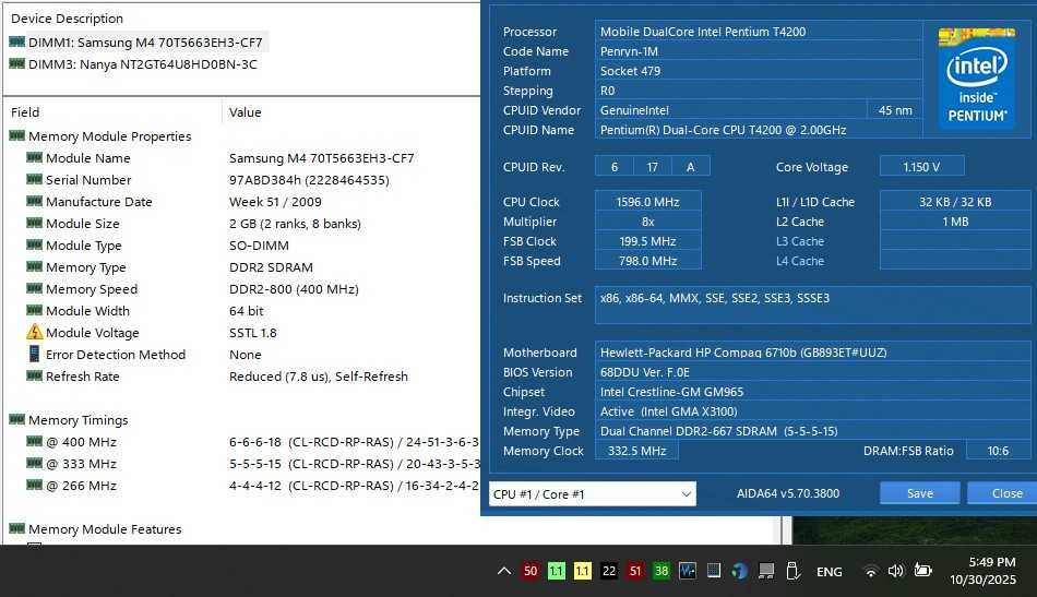 HP 6710b Dual Core T4200,4GB DDR2,SSD 120gb,GPU Intel,батерия,зарядно.