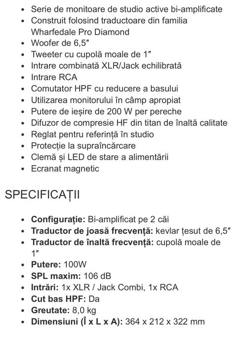 Boxe Wharfedale Diamond 8.2 Pro-Active – monitoare active 6.5”, XLR