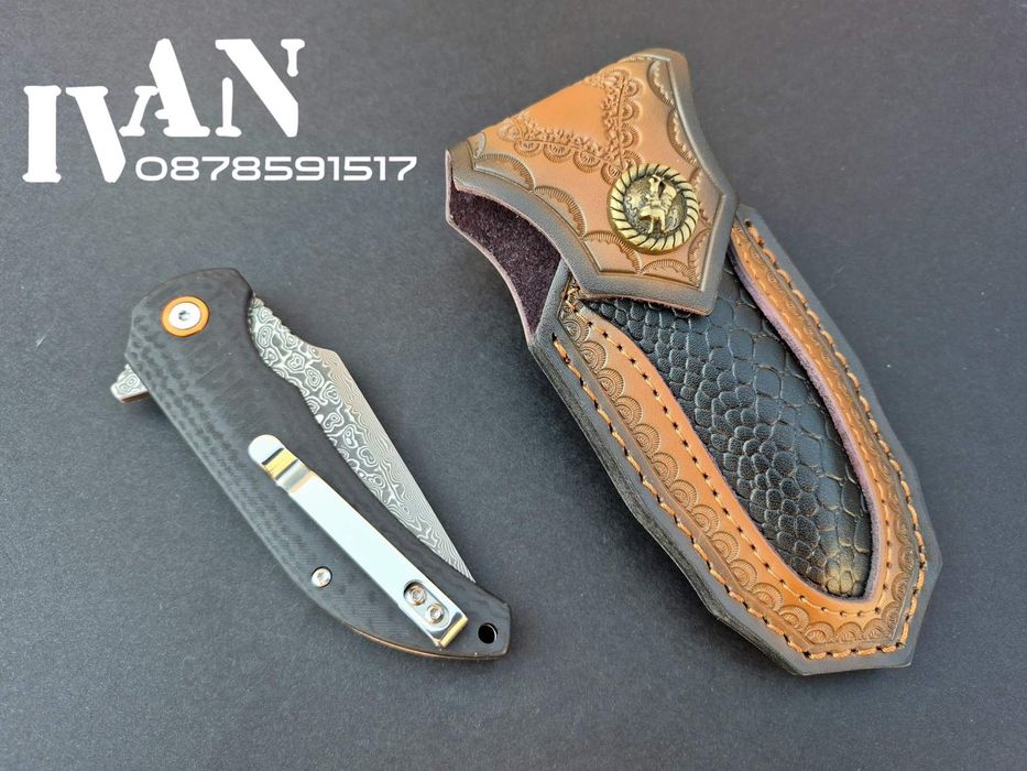 Сгъваем нож от дамаска стомана с кожена кания