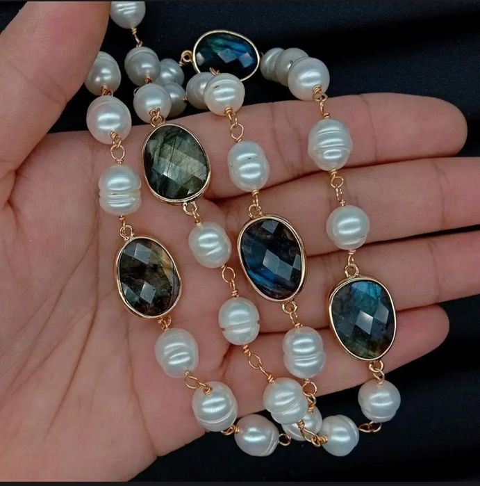 Натуральный жемчуг лабрадорит позолота 14к