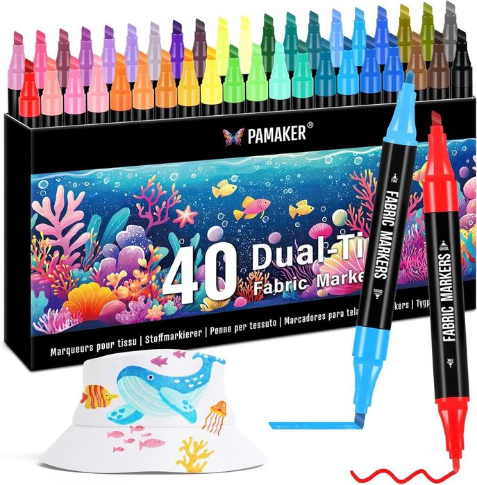 Set 40 Markere Textile cu Vârf Dublu, Permanente și Lavabile la Mașină