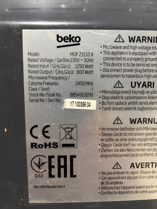 Piese cuptor cu microunde Beko MOF23110X, 23 L, 800 W, Electronic, Tim