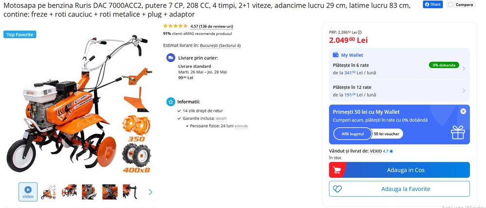 Motosapa pe benzina Ruris DAC 7000ACC2, putere 7 CP, 208 CC, 4 timpi