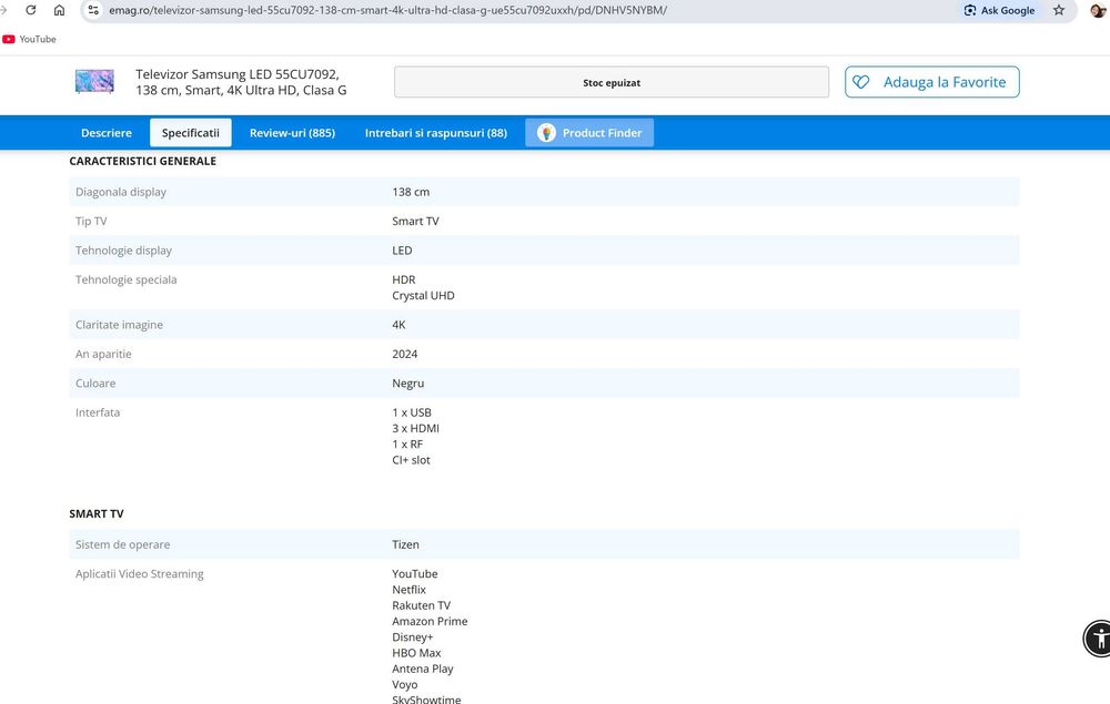 Televizor Samsung LED 55CU7092, 138 cm, Smart, 4K Ultra HD, Clasa A