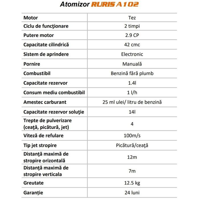 Atomizor Ruris A102, benzina, putere 2.9CP