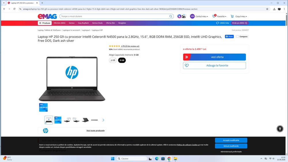 Laptop HP 250 G9 cu procesor Intel Celeron N4500 pana la 2.8GHz, 15.6'', 8GB DDR4 RAM, 256GB SSD, Intel UHD Graphics