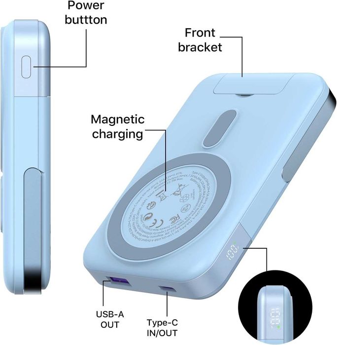 Магнитна външна батерия 10000mAh - MagSafe 22.5W със Стойка (Синя)