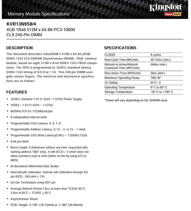 RAM-памет KINGSTON KVR13N9S8/4 DIMM DDR3 4GB DDR3-1333 PC3-10600U